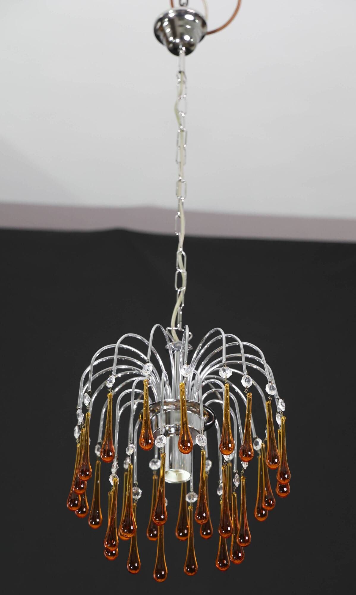 Set of 2 The Amber Crown, Murano Chandelier Amber and Crystal Drops, 1970s