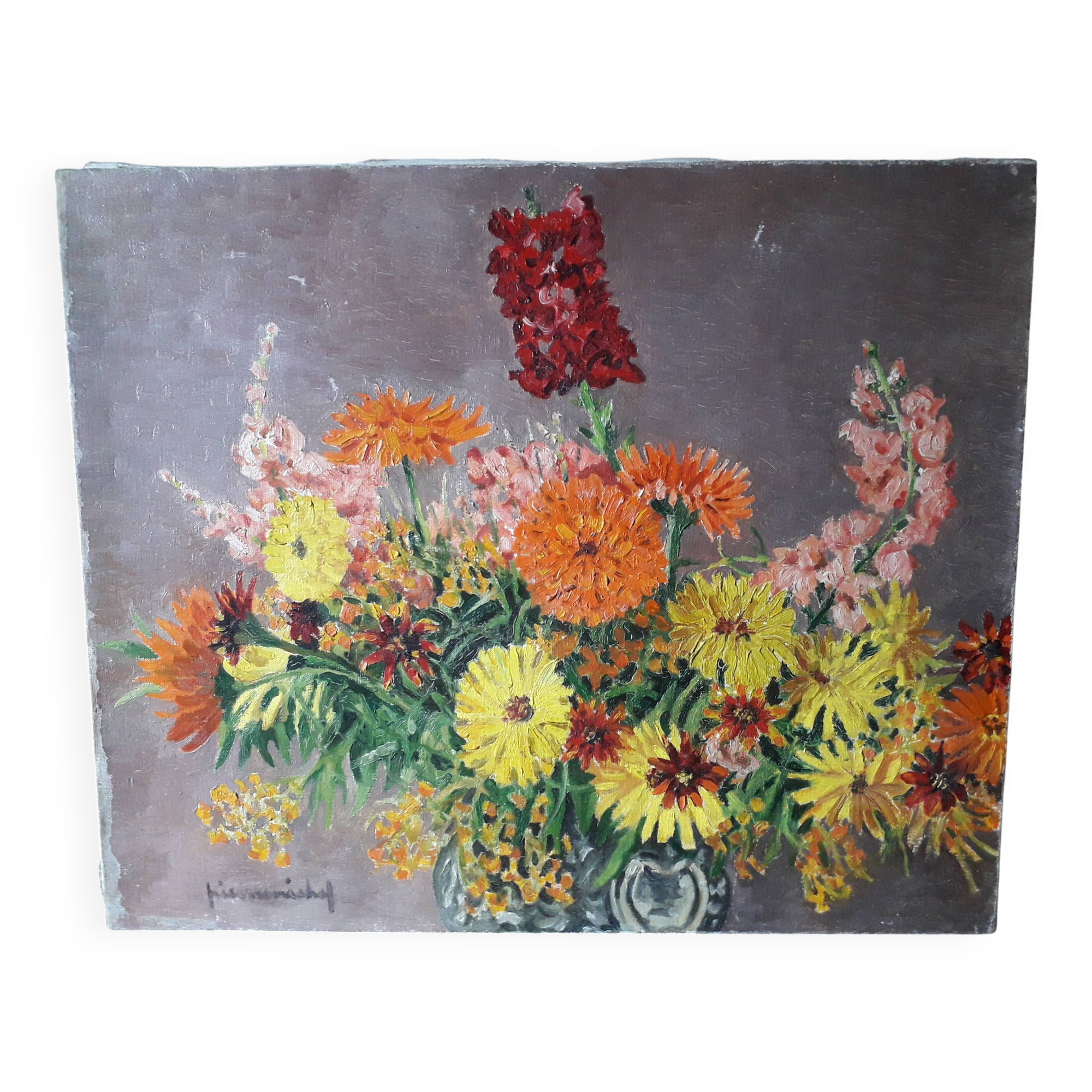 Antique oil painting depicting a bouquet of flowers