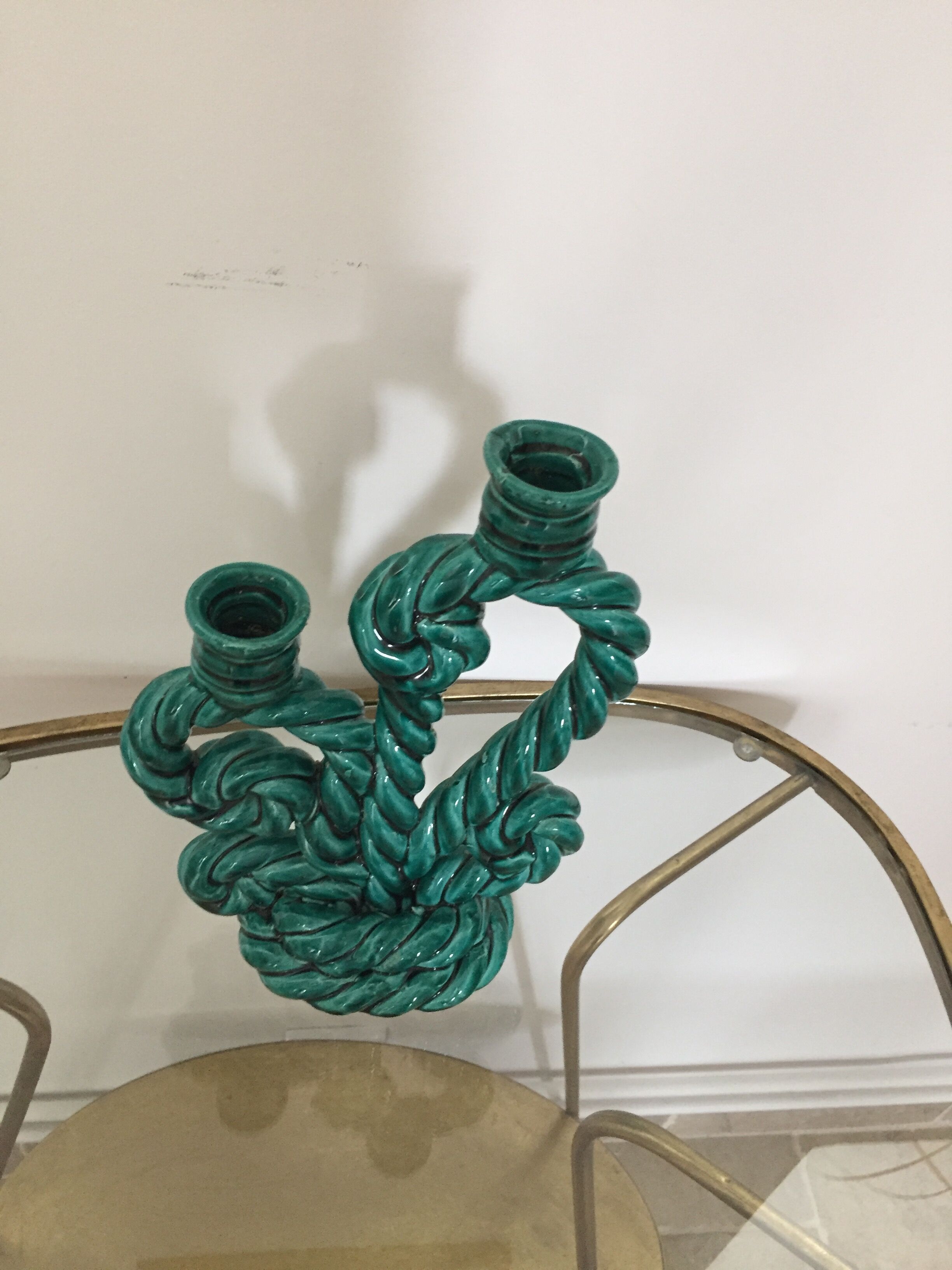 Double candlestick in green twisted ceramic vintage 50s