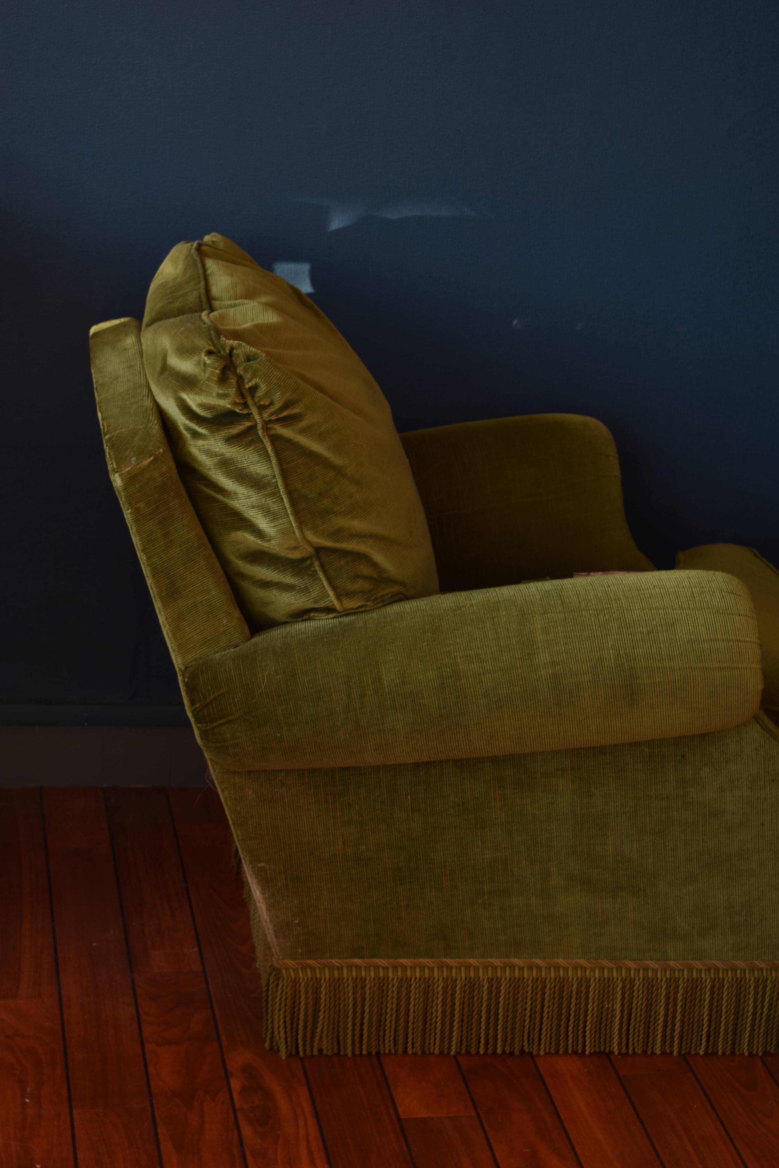 Vintage armchair green velvet fringes