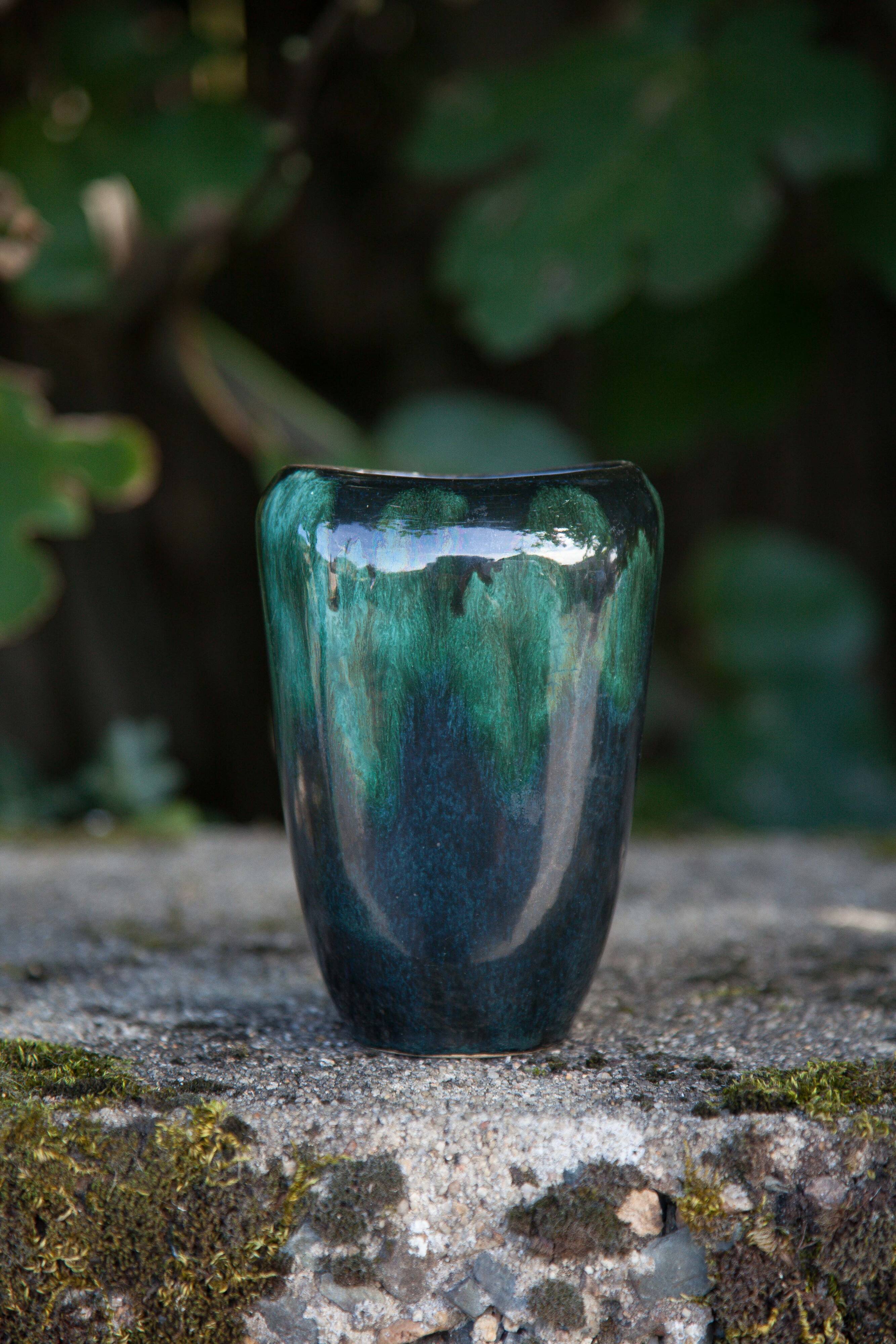 Vase céramique 409/15, vase décoratif, pot à fleurs, vase nuances vert et noir, collection, 60's