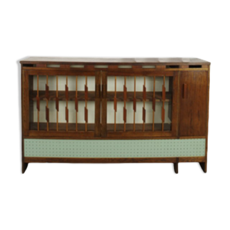 Buffet design vintage en bois bleu-gris et verre