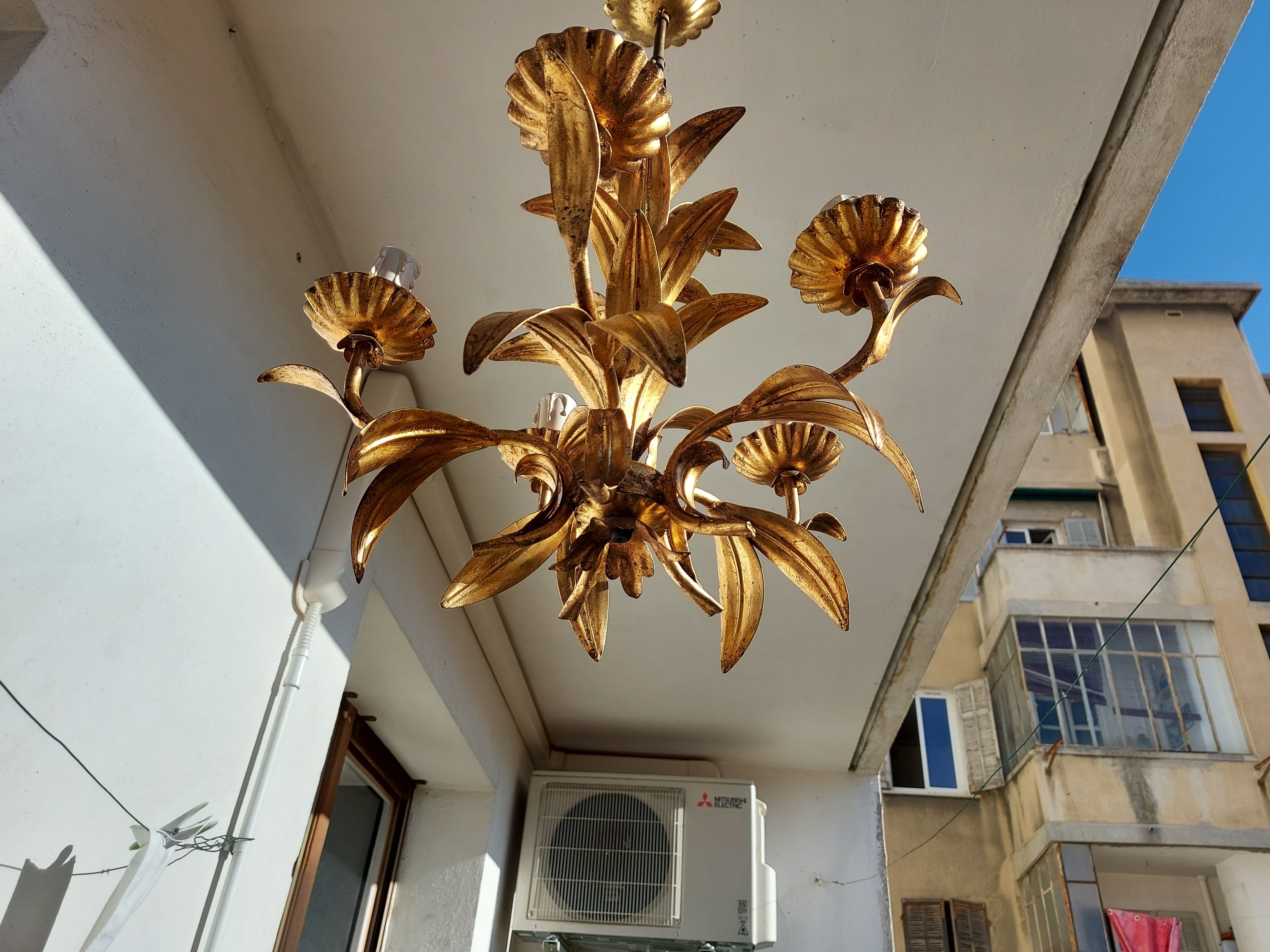 Chandelier gilded metal leaves by Hans Kogl, 1970's