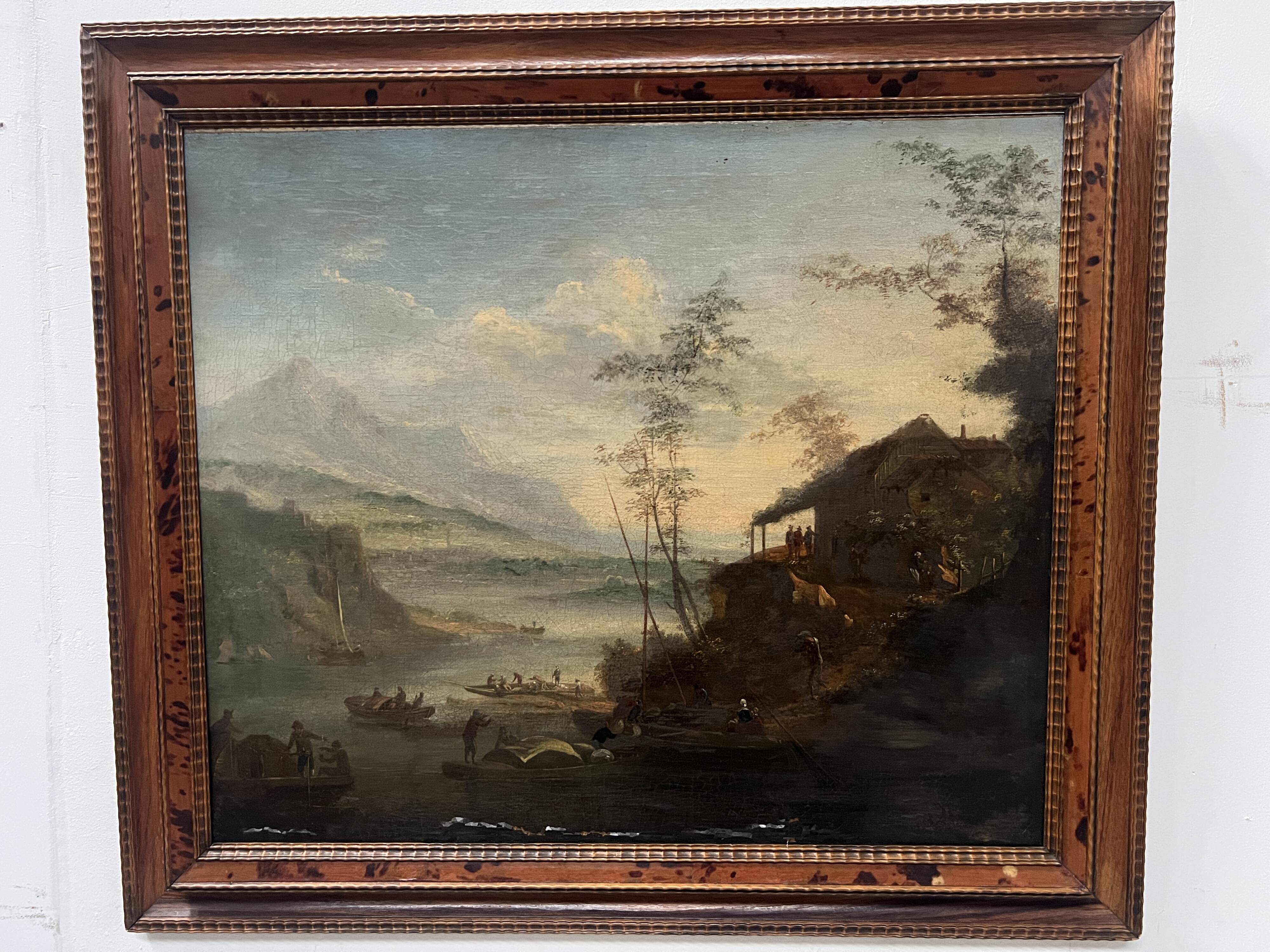 Oil on canvas "Seascape and Mountains" 19th century