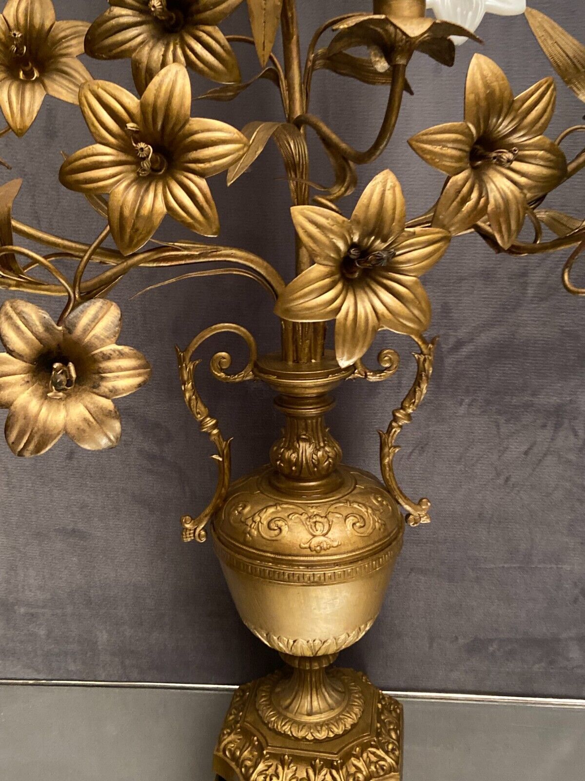 Pair of church candlesticks decorated with brass and opaline flowers nineteenth