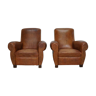 Pair of vintage club chairs in cognac leather France