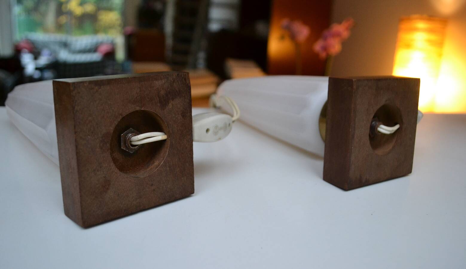 Pair of Scandinavian opaline teak bedside lamps