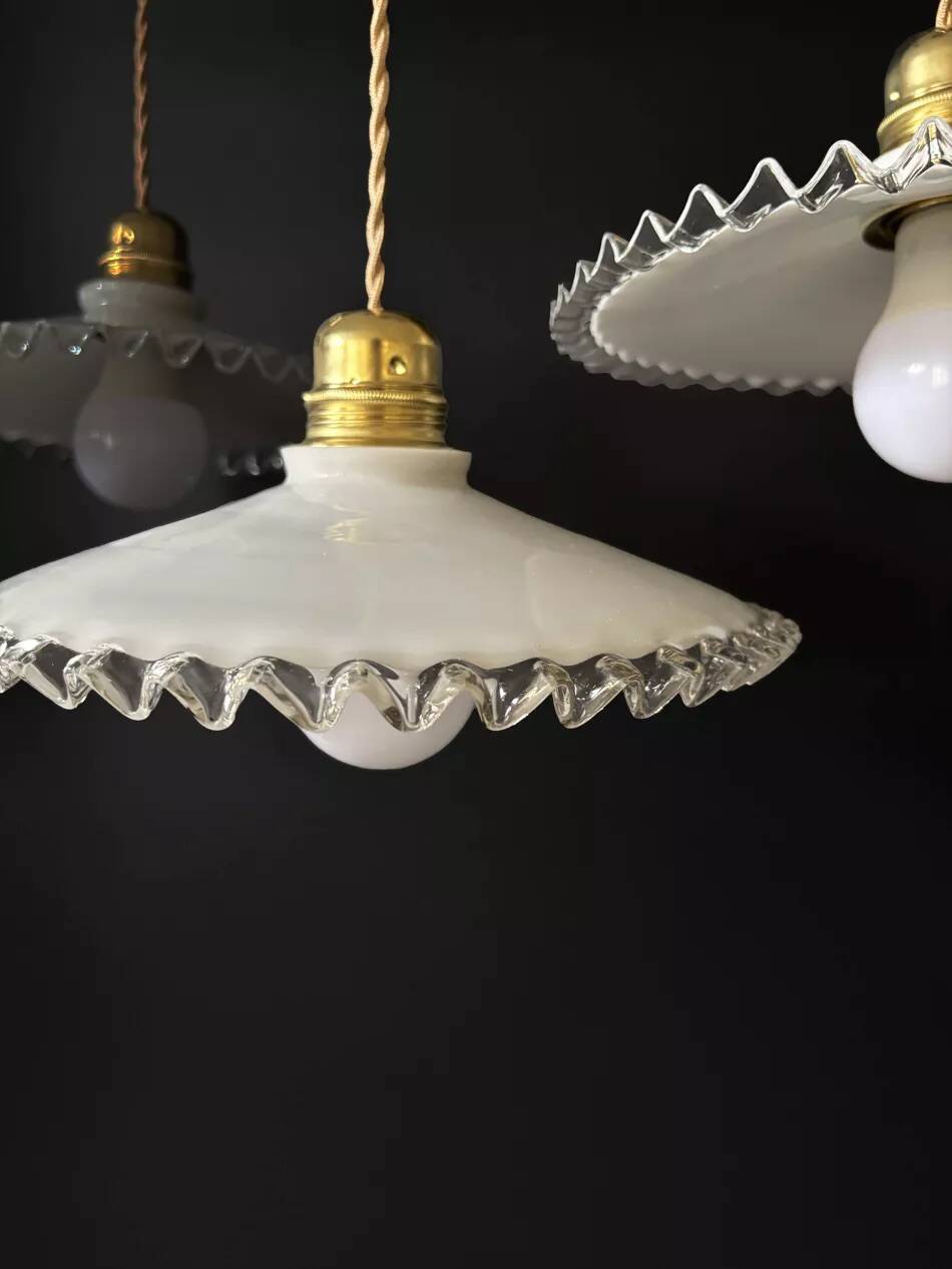Set of 4 vintage white scalloped opaline pendants, France