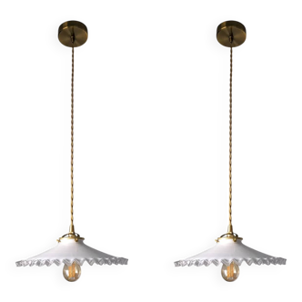 Two vintage pendant lights in white opaline with lacework