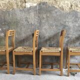 Set of 4 straw chairs in light wood - design 1970