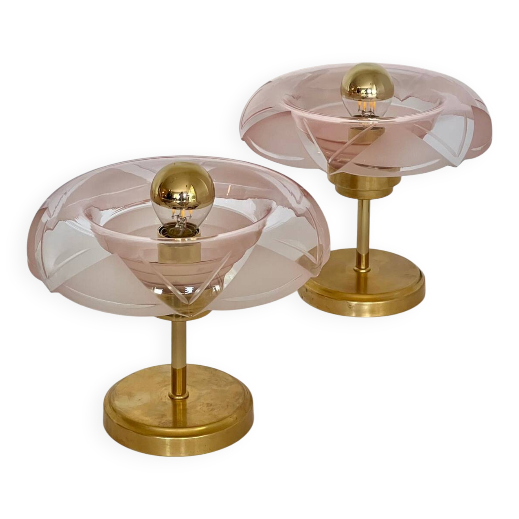 Pair of Art Deco bedside lamps in brass and etched glass
