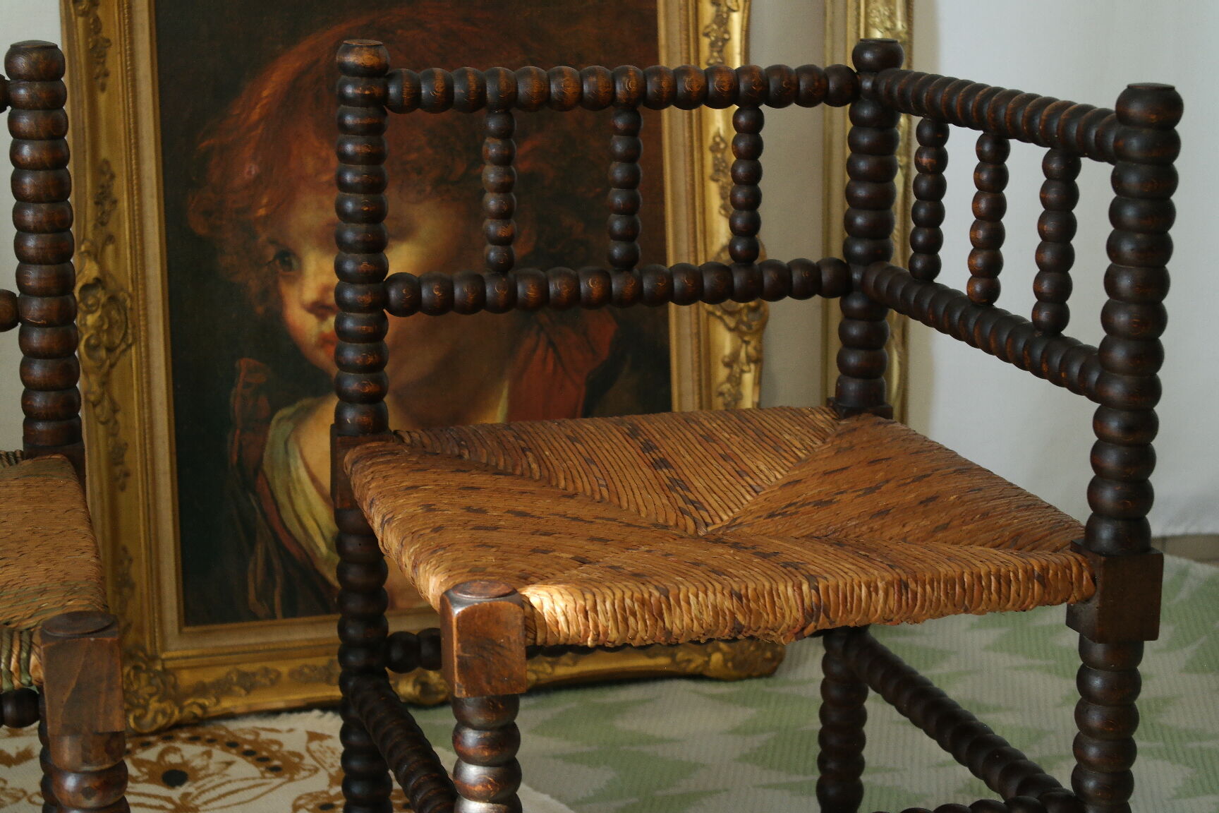 Pair of chairs corner fireplace turned beaded wood