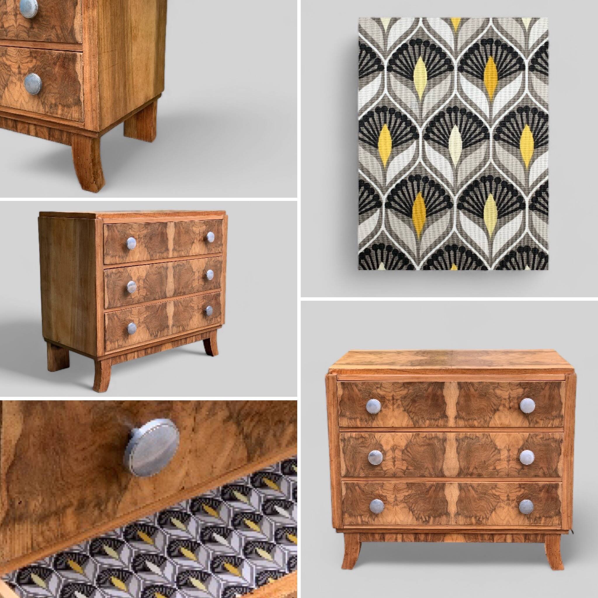 Art Deco chest of drawers in raw walnut burl