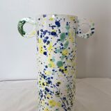 Green blue yellow speckled ceramic vase with abstract wool round handles