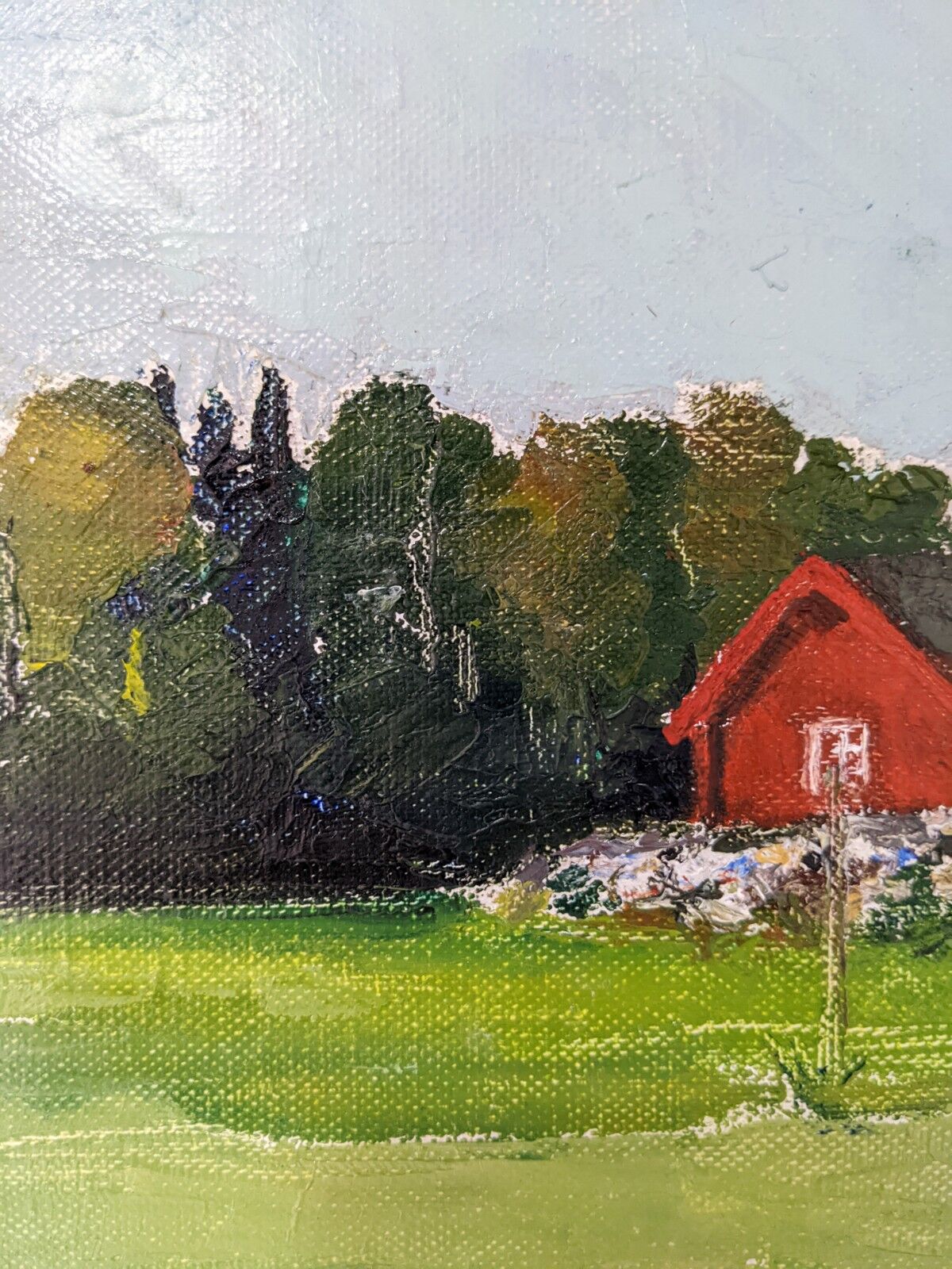 Mid-Century Modern Swedish "Red Cottage" Vintage Landscape Oil Painting, Framed