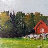 Mid-Century Modern Swedish "Red Cottage" Vintage Landscape Oil Painting, Framed