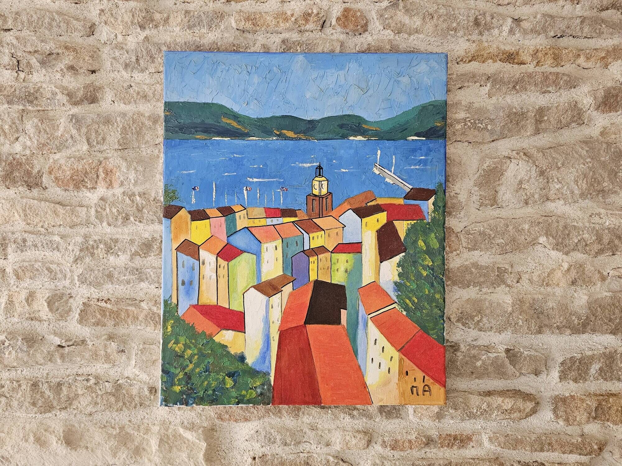 Oil painting - Colourful view of the rooftops of the village of Saint-Tropez