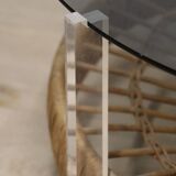 Table basse vintage en verre, rotin et lucite années 70
