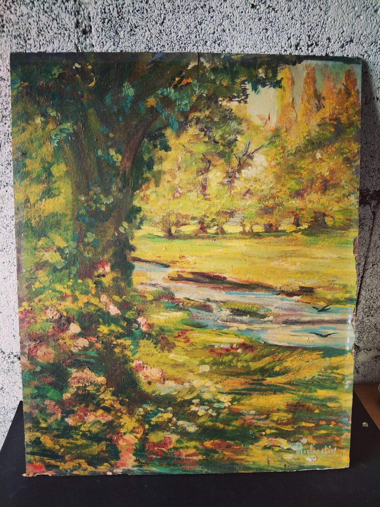 Old impressionist painting landscape river oil on wood signed