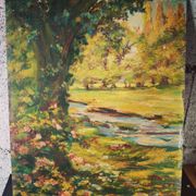 Old impressionist painting landscape river oil on wood signed