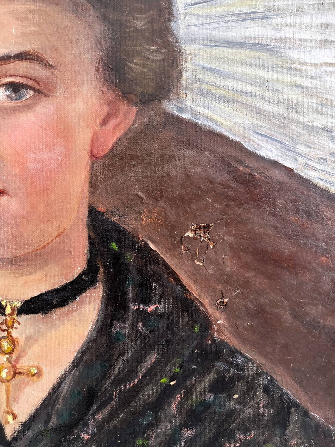 Old oil painting on canvas portrait of a woman in traditional costume