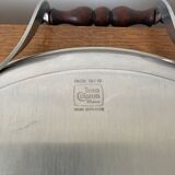 Old jean couzon serving tray stainless steel metal + vintage wooden handles #c