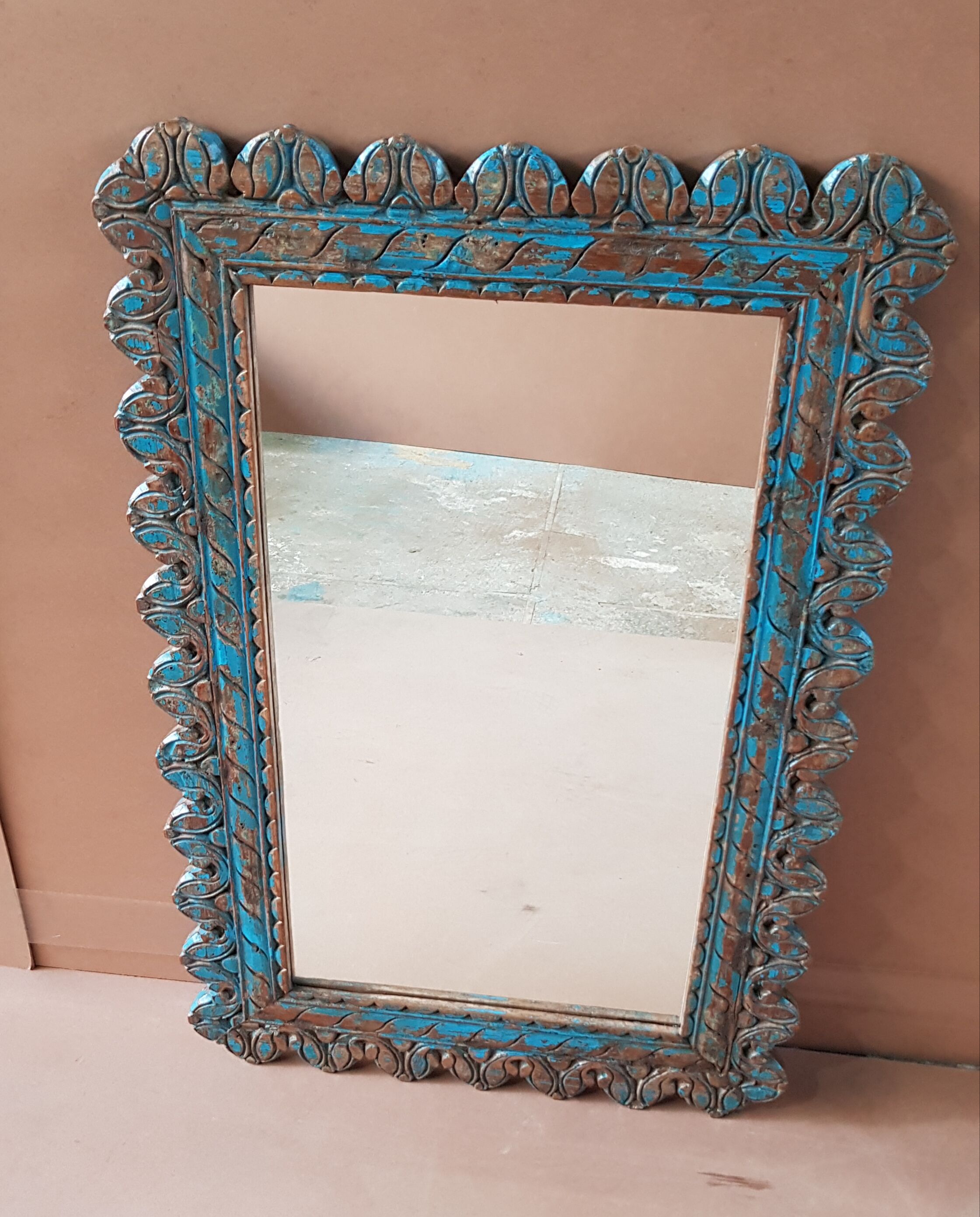 Burmese teak mirror with original blue patina