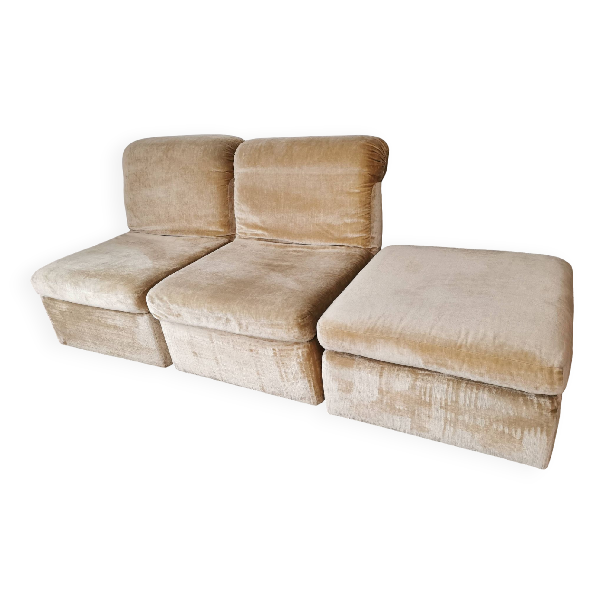 Pair of modular velvet armchairs and ottoman