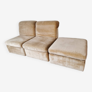 Pair of modular velvet armchairs and ottoman