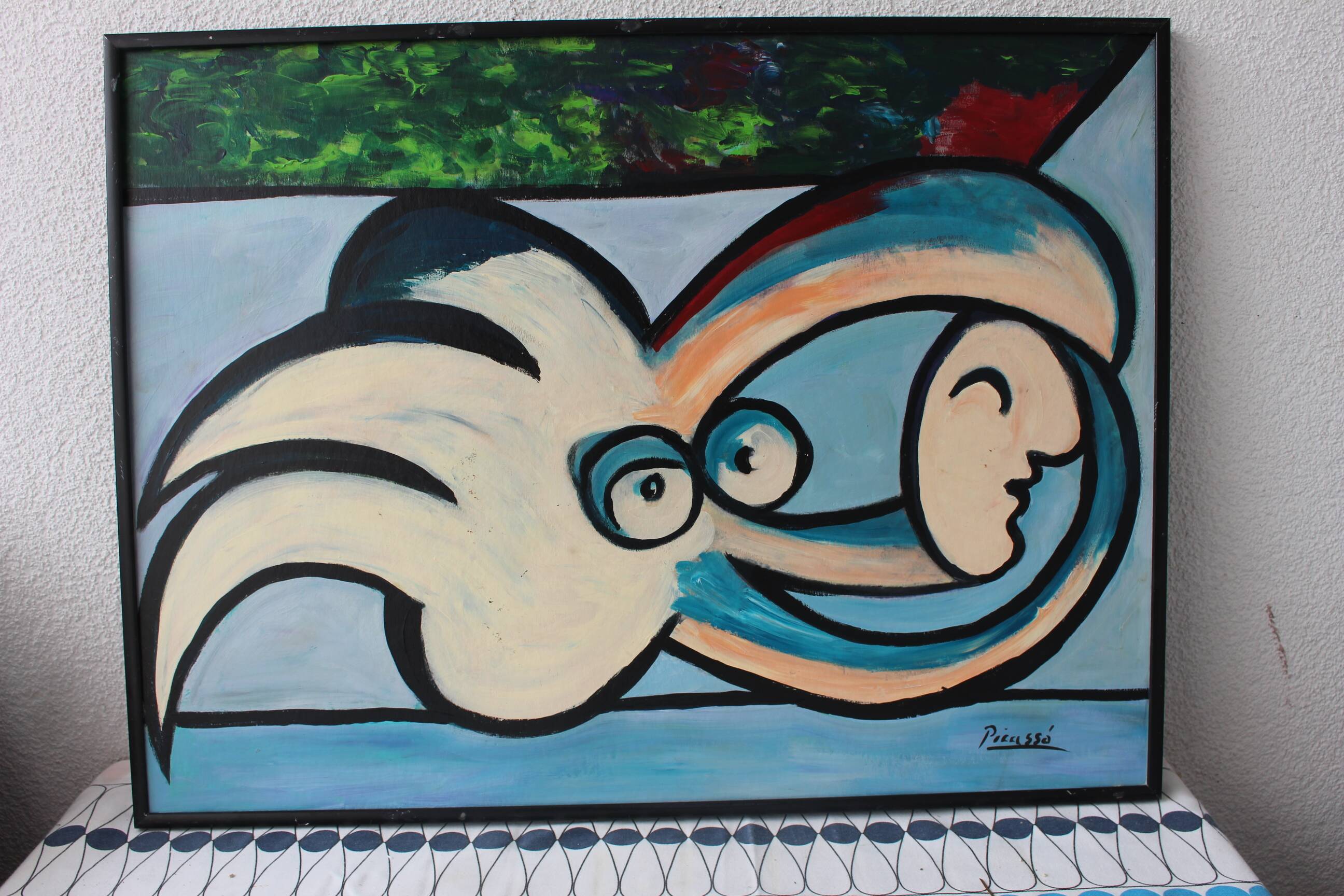 1970s Blue Green Cubist Figurative Painting, Framed