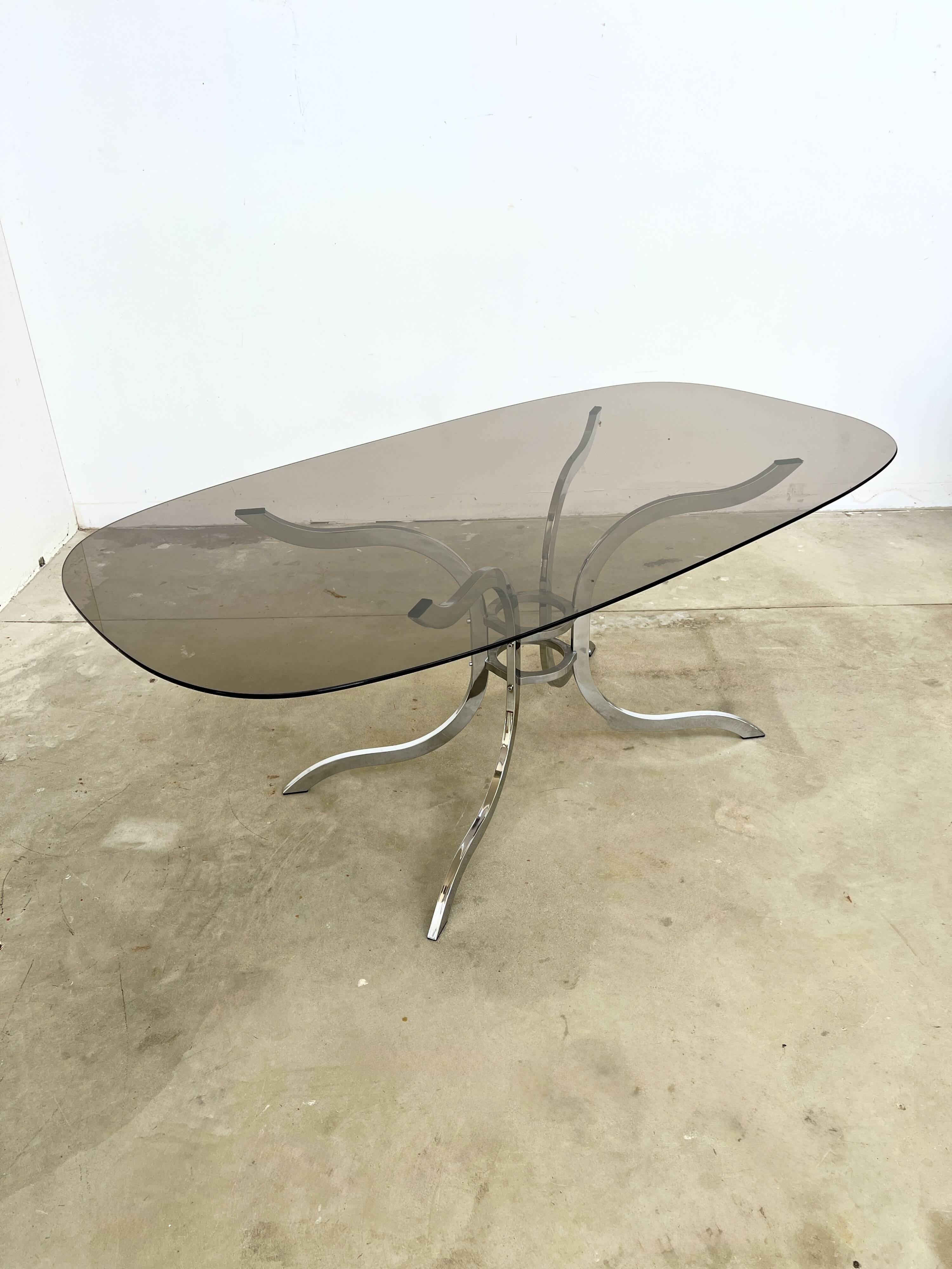 Oval smoked glass and chrome dining table, 1970s