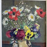 Oil on canvas still life with flowers and statuette 1920
