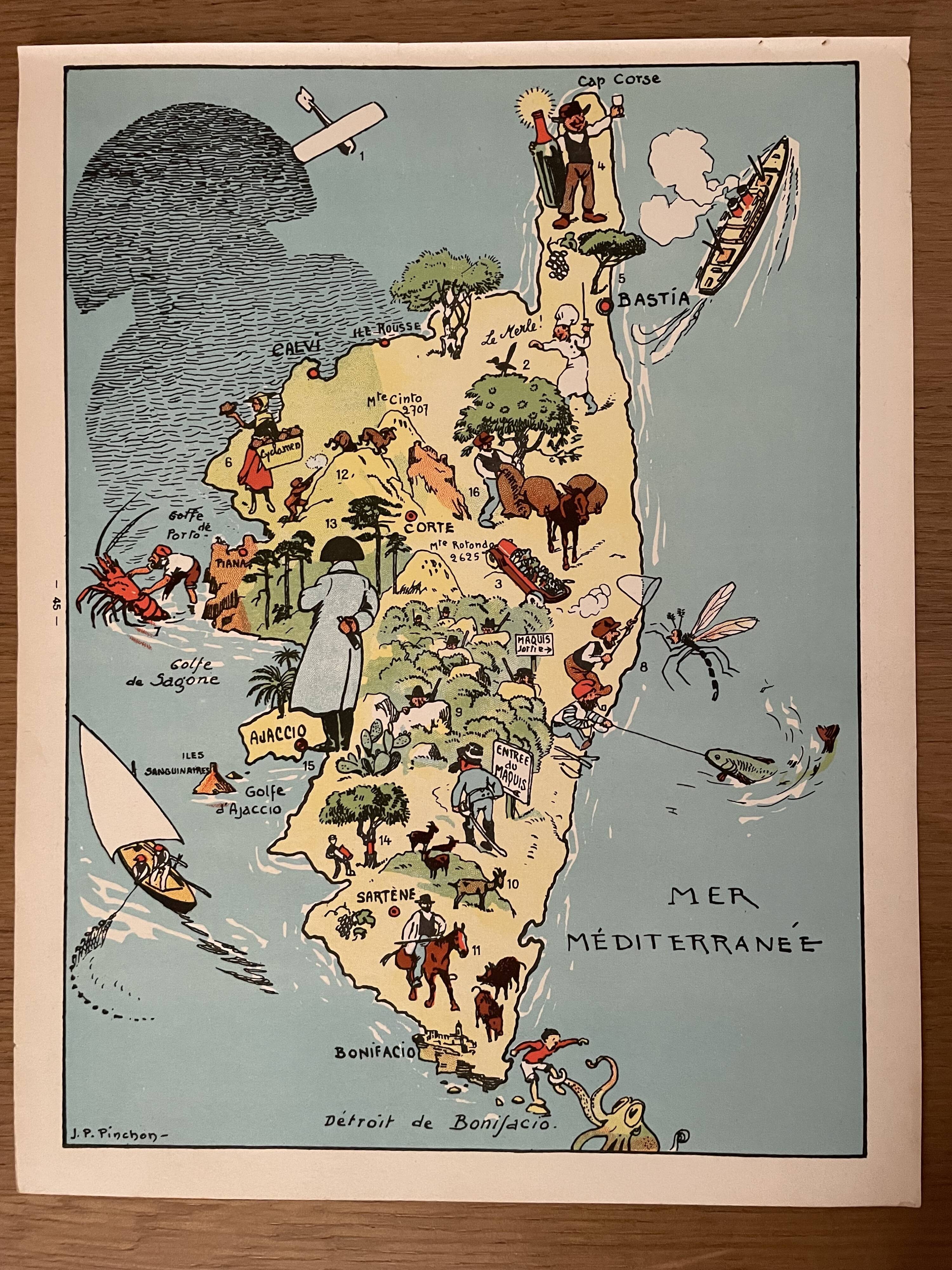 Old illustrated map of Corsica - JP Pinchon