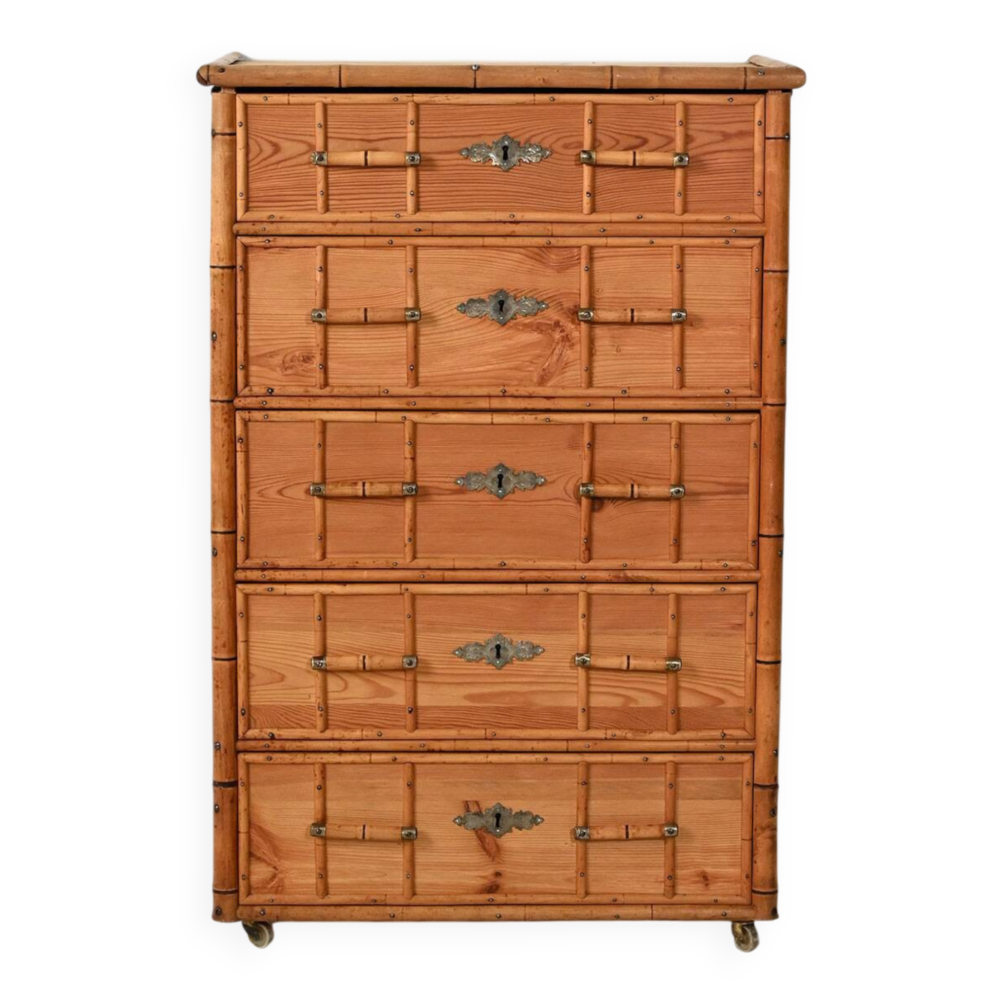 Scandinavian Colonial-Style Chest of Drawers in Pine and Bamboo