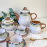 Vintage 1950s speckled stoneware coffee set with grey, green, and blue stripes