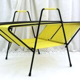 Porte-disques portable vintage, style français moderne du milieu du siècle, avec cordon en vinyle jaune vif, accessoire hi-fi rétro MCM pour le rangement, centre musical