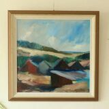 Oil on Swedish canvas "Landscape with Buildings", Valdemar Öberg