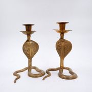 Pair of engraved brass cobra candlesticks - 1960s