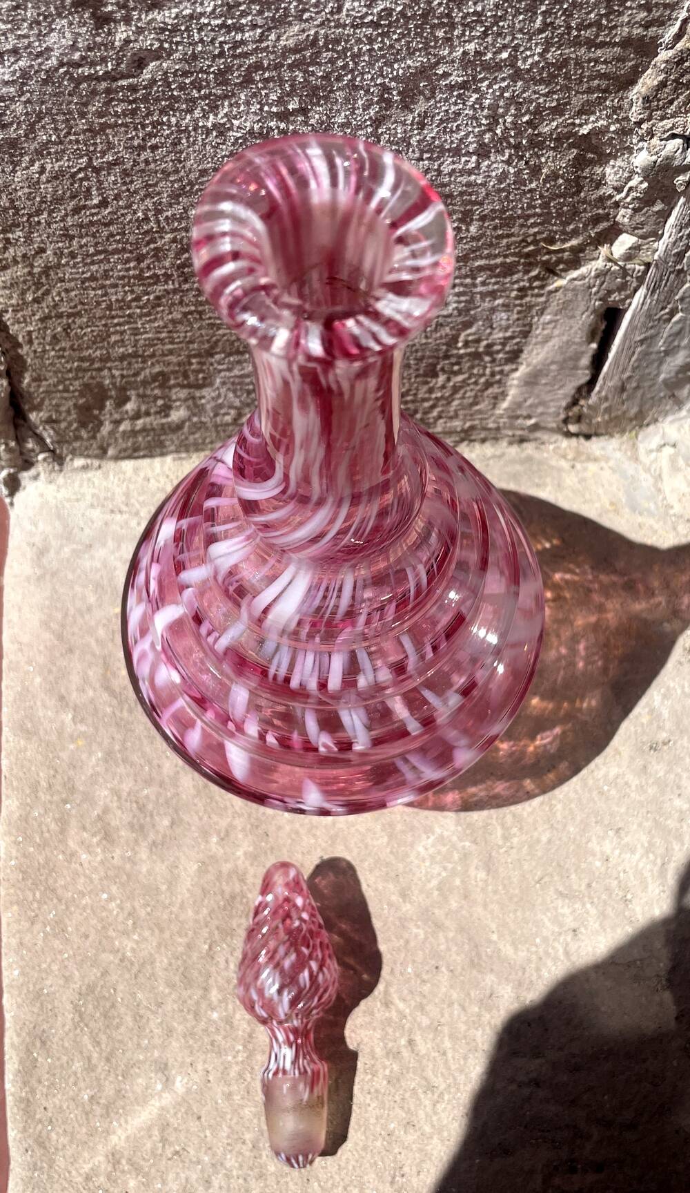 Modernist liqueur carafe clichy pink and white table art