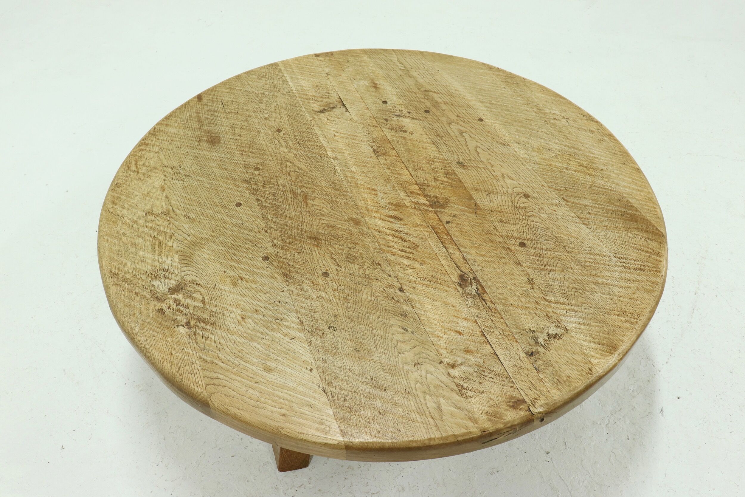Brutalist Solid Oak Round Coffee Table 1970s
