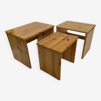 Tables gigognes vintage en bois de pin, tables d'appoint mimiset, lot de 3