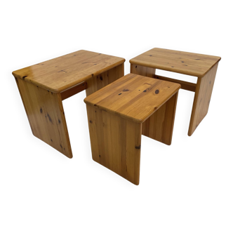 Vintage pine wood nesting tables  mimiset side tables set of 3