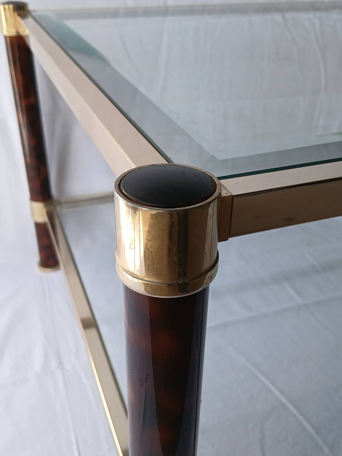 70s glass and brass coffee table