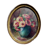 Old watercolor Flowers with blue vase Frame Flowers Still Life*Signed