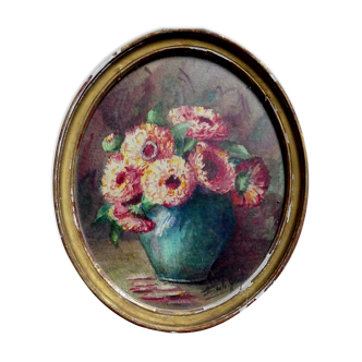Old watercolor Flowers with blue vase Frame Flowers Still Life*Signed