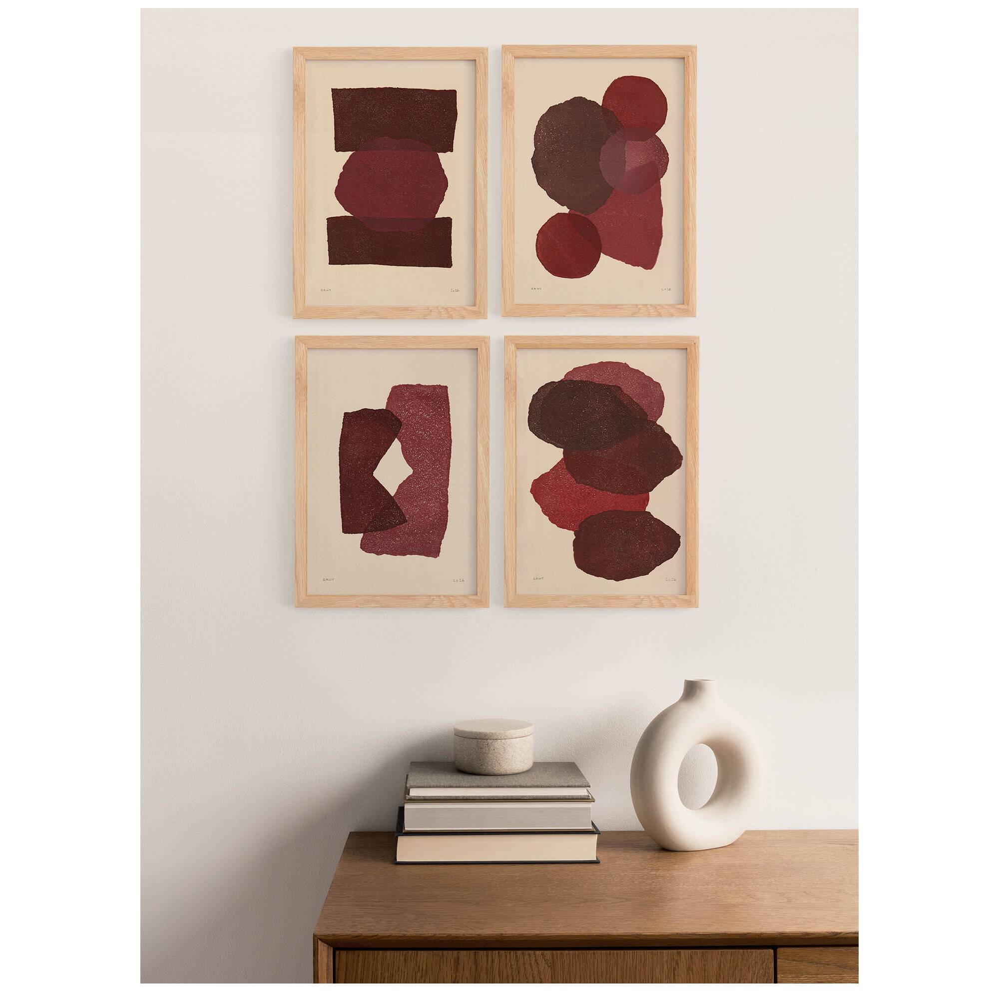 Collection of 4 abstract paintings in wine red signed Eawy.