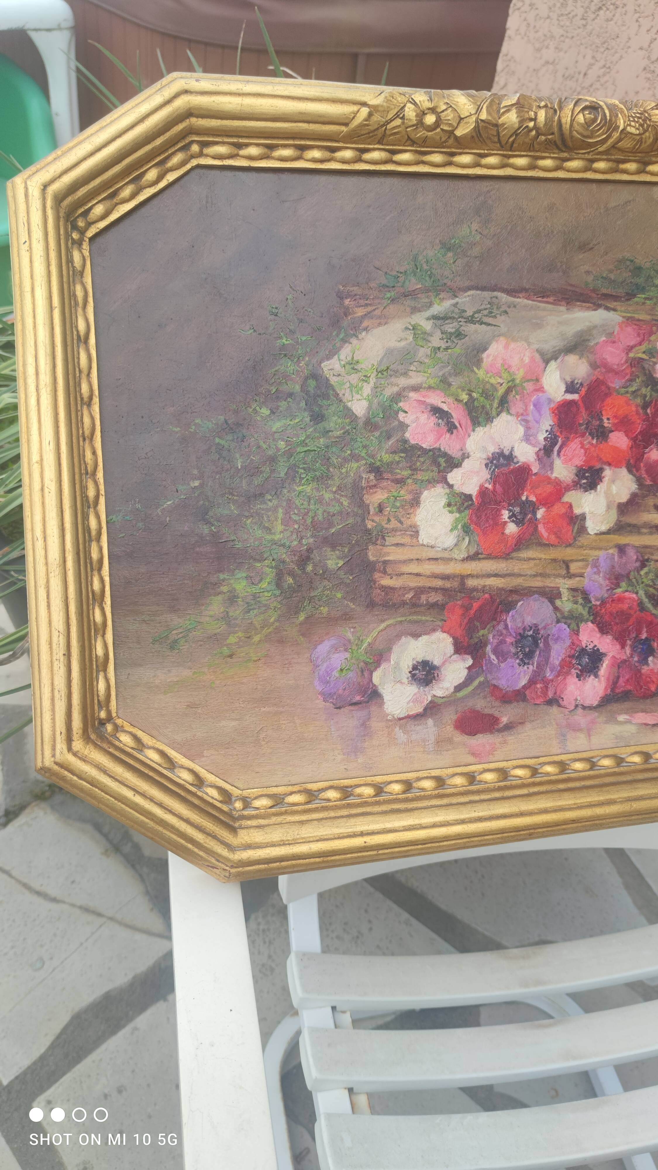 Still life painting, bouquet of flowers, oil on wood by Lillie Honnorat