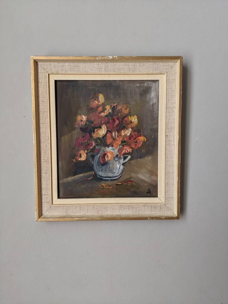 Acrylic painting on cardboard still life bohemian countryside decoration