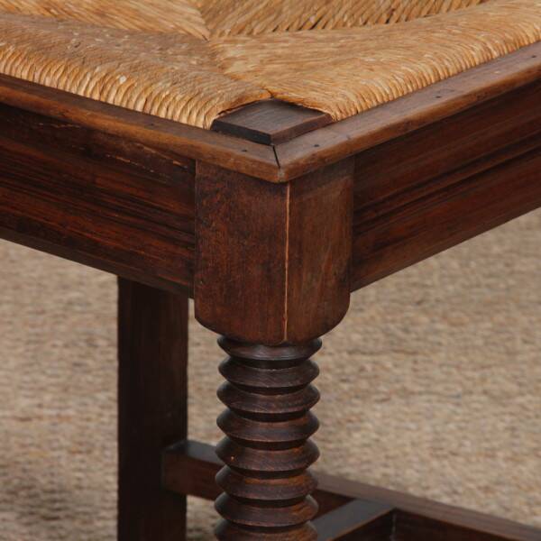 Pair of rush-seated solid wood chairs, French work, 1940.
