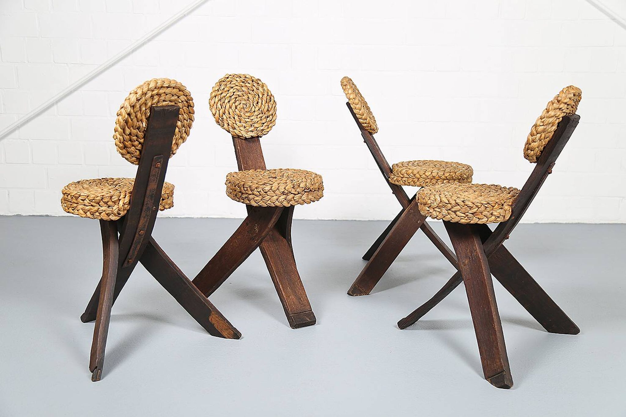 Original set of 4 tripod chairs by Frida Minet and Adrien Audoux, 1950s, France
